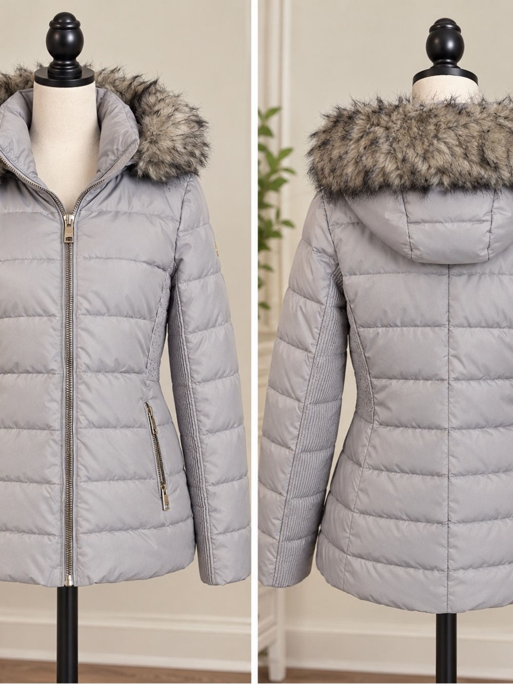Michael Kors Light Gray Quilted Faux-Fur Hooded Puffer Jacket